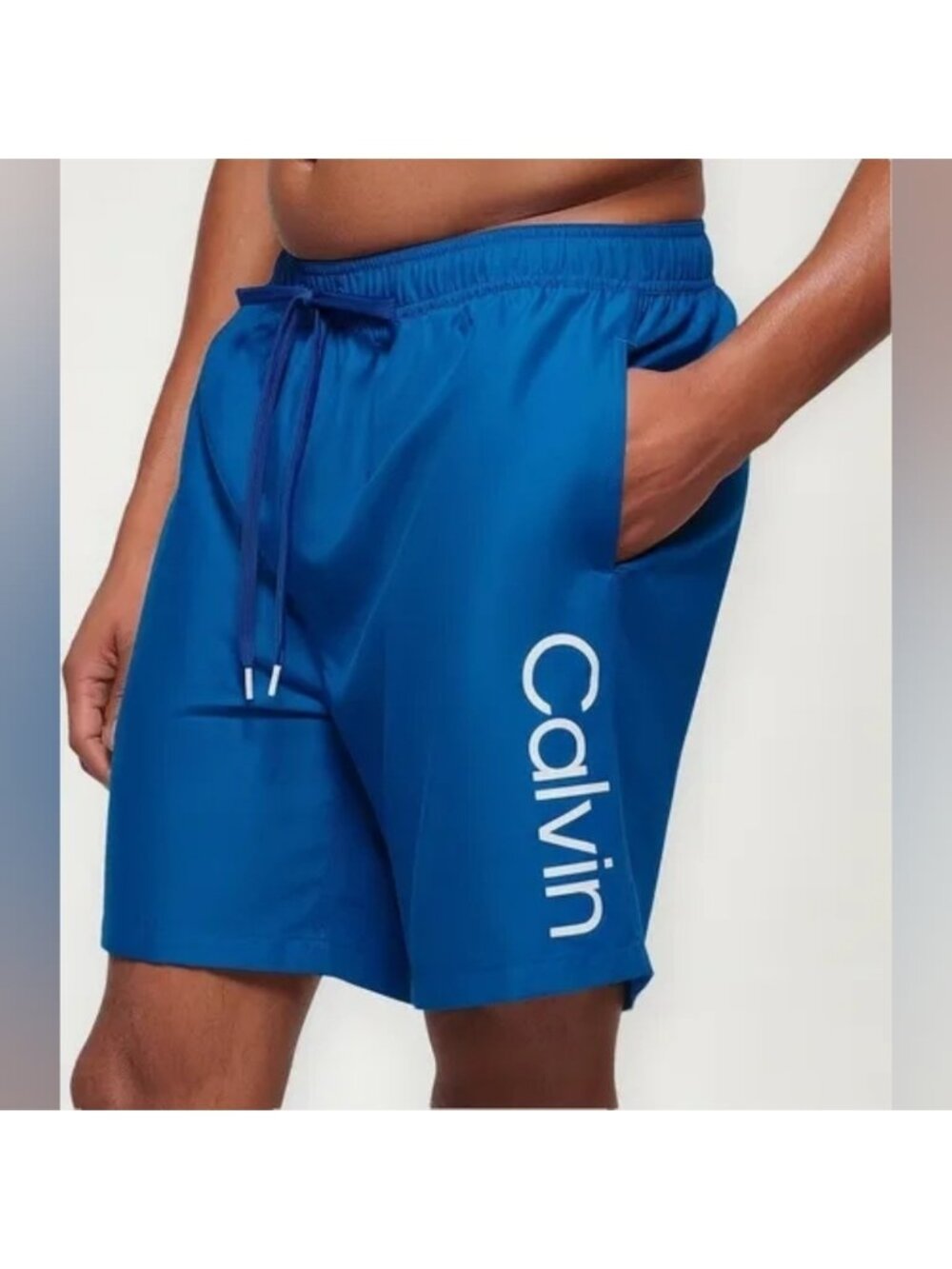 Calvin Klein Men's Logo Volley Swim Trunks Shorts Blue Elastic Waistband Large